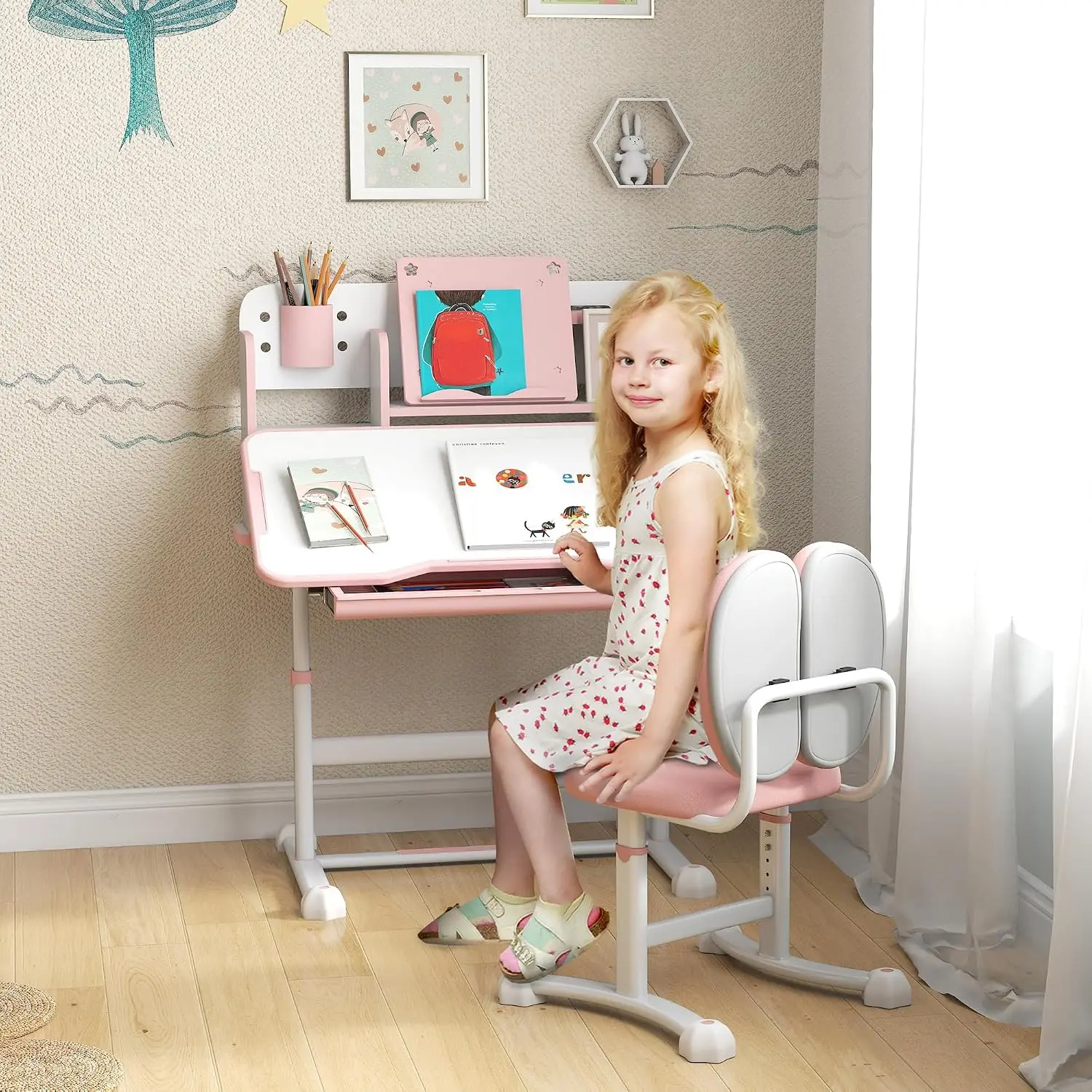 Height Adjustable Kids Study Desk & Chair Set Tilt Desktop Storage Drawer Reading Rack for Writing Drawing, Customized
