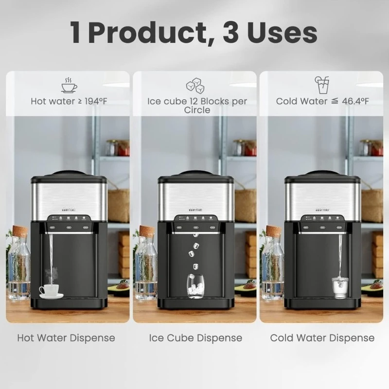 

Настольный диспенсер для воды с льдогенератором 3-в-1: портативный диспенсер горячей и холодной воды, производительность 48 фунтов/24 часа, с защитой от детей