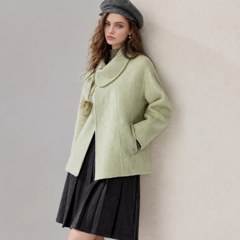 Women's Stand Collar Mid Coat, Tie Neck with Pom Pom Decor Loose Fit Fall Winter Outerwear