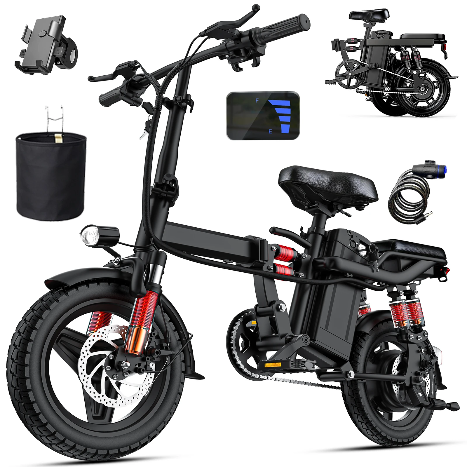 

750W Folding Electric Bike, 24MPH, 48V10.4AH Battery, 25-35 Miles Range, 14-inch City Electric Bicycle, 3 Riding Modes, Pedal Assist, Dual Disc Brakes, Night Light, 8 Shock Absorbers, 500-pound Load Capacity