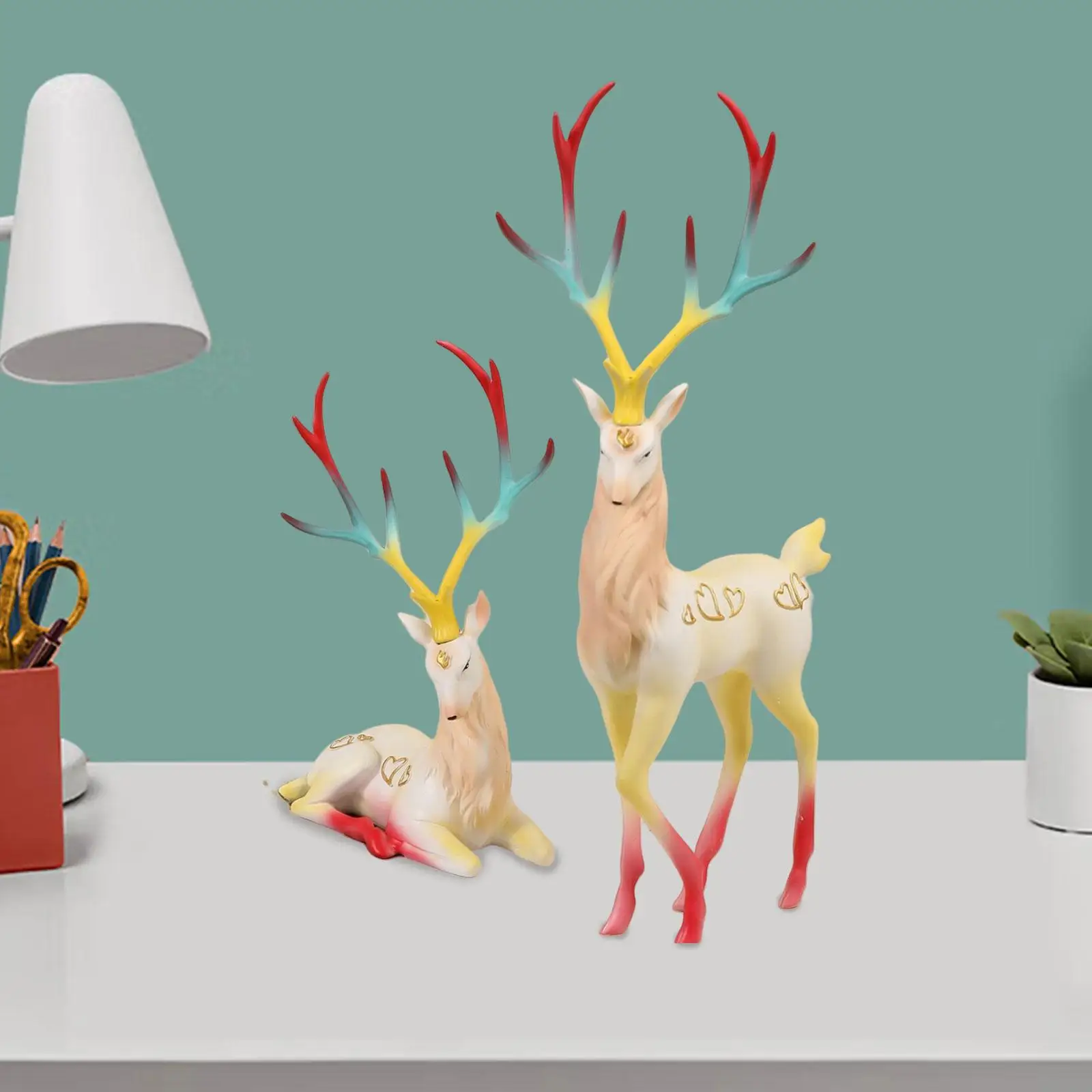 2 Pieces Reindeer Statue Colorful Deer Statue for Office Desktop Bedroom