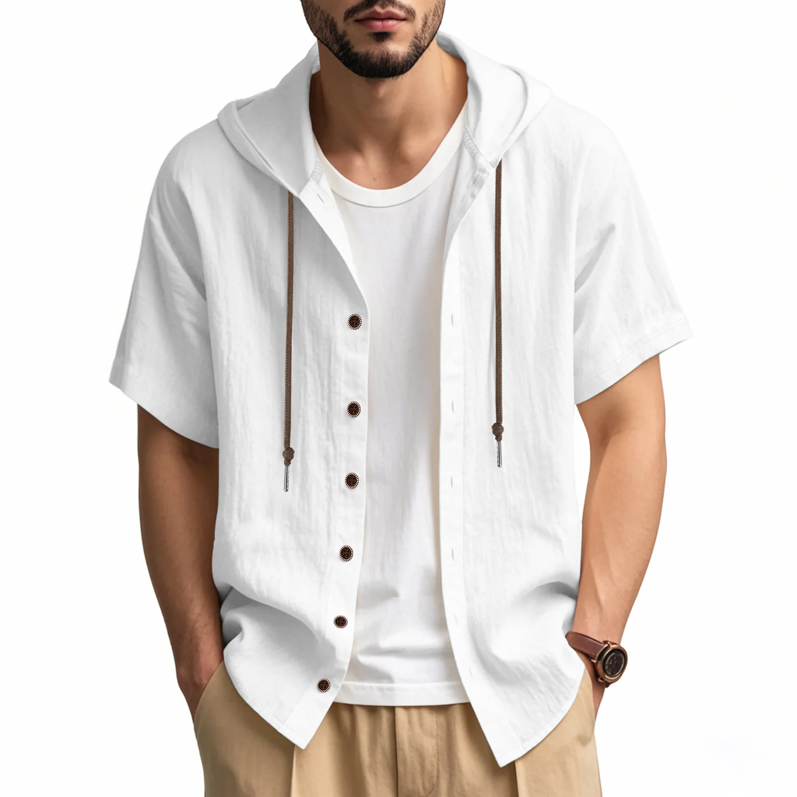 European and American men's cotton and linen casual short-sleeved hooded shirt hooded fashion button-up cardigan beach T-shirt