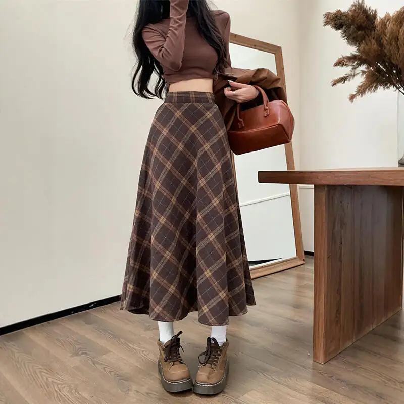 婦人服 ロングスカート ミディスカート 英国風 レトロ チェック柄 ハイウエスト 新しい Aラインスカート ファッション 快適