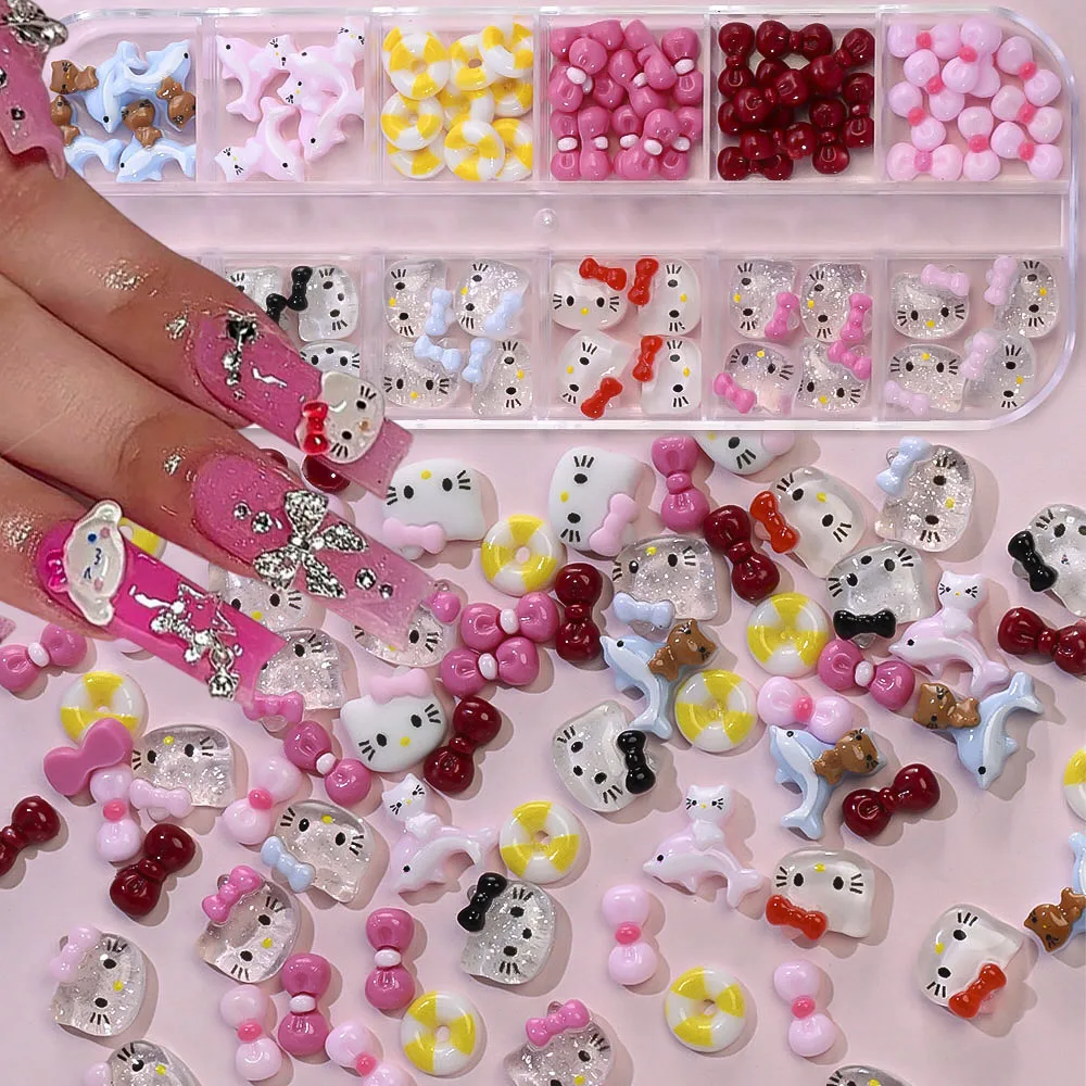 12グリッド/ボックス 3Dグリッター ハローキティ ネイルチャーム 5x7mm ミニ ピンク/レッド/ローズボウ 漫画キティ ネイルアート DIY カワイイ クリスタル KT キャットパーツ