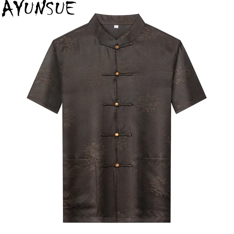 

AYUNSUE 35% Real Mulberry Silk Shirt for Men Summer Top Vintage Stand Collar Tee Shirt Casual Short Sleeve Shirts Man Clothes