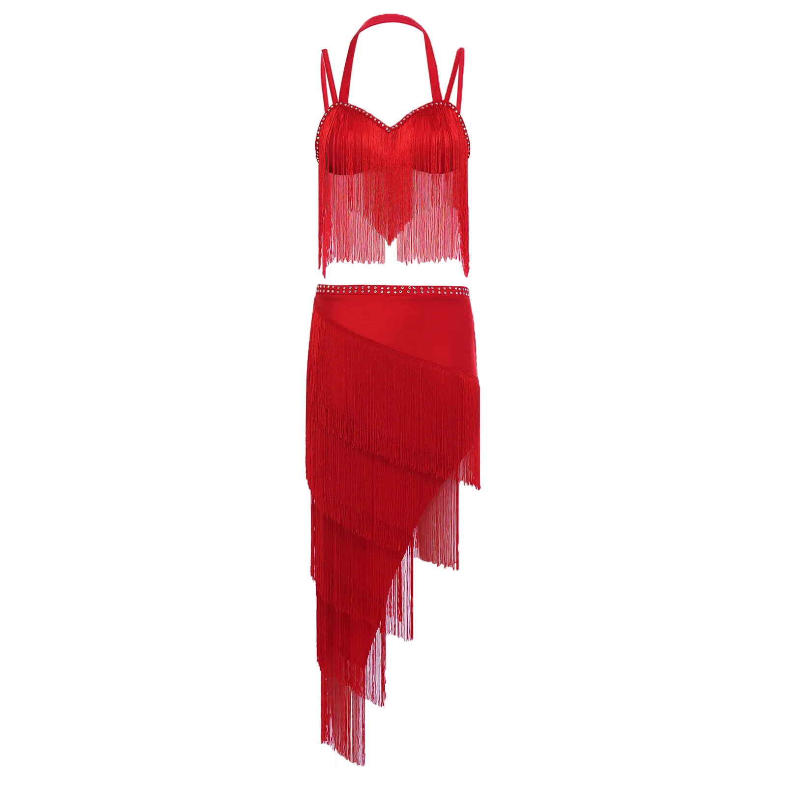 

Womens Latin Dance Outfit Rhinestones Halter Camisole with Tiered Tassel Irregular Skirt Tango Cha-cha Rumba Belly Performances