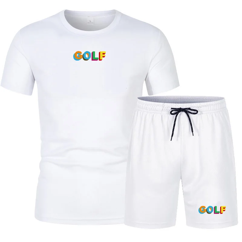 Zomer Golf Logo Kleur Afdrukken Mannen Sportkleding Tweedelige Pak Fitness Uniform Korte Mouwen Blauw T-shirt + shorts