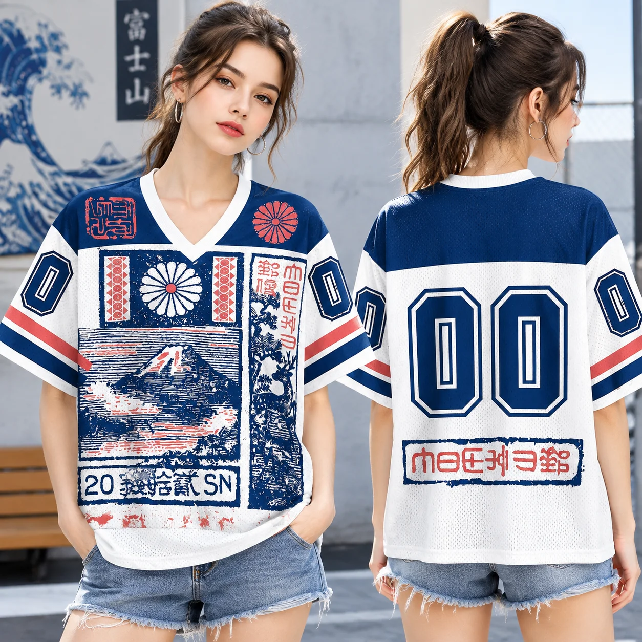 Latest Harajuku-style Y2K Adult and Kids Fuji Mountain, Hokkaido Retro Ukiyo-e 3D Print V-neck Sleeve Jersey T-shirt Y2k T-shirt