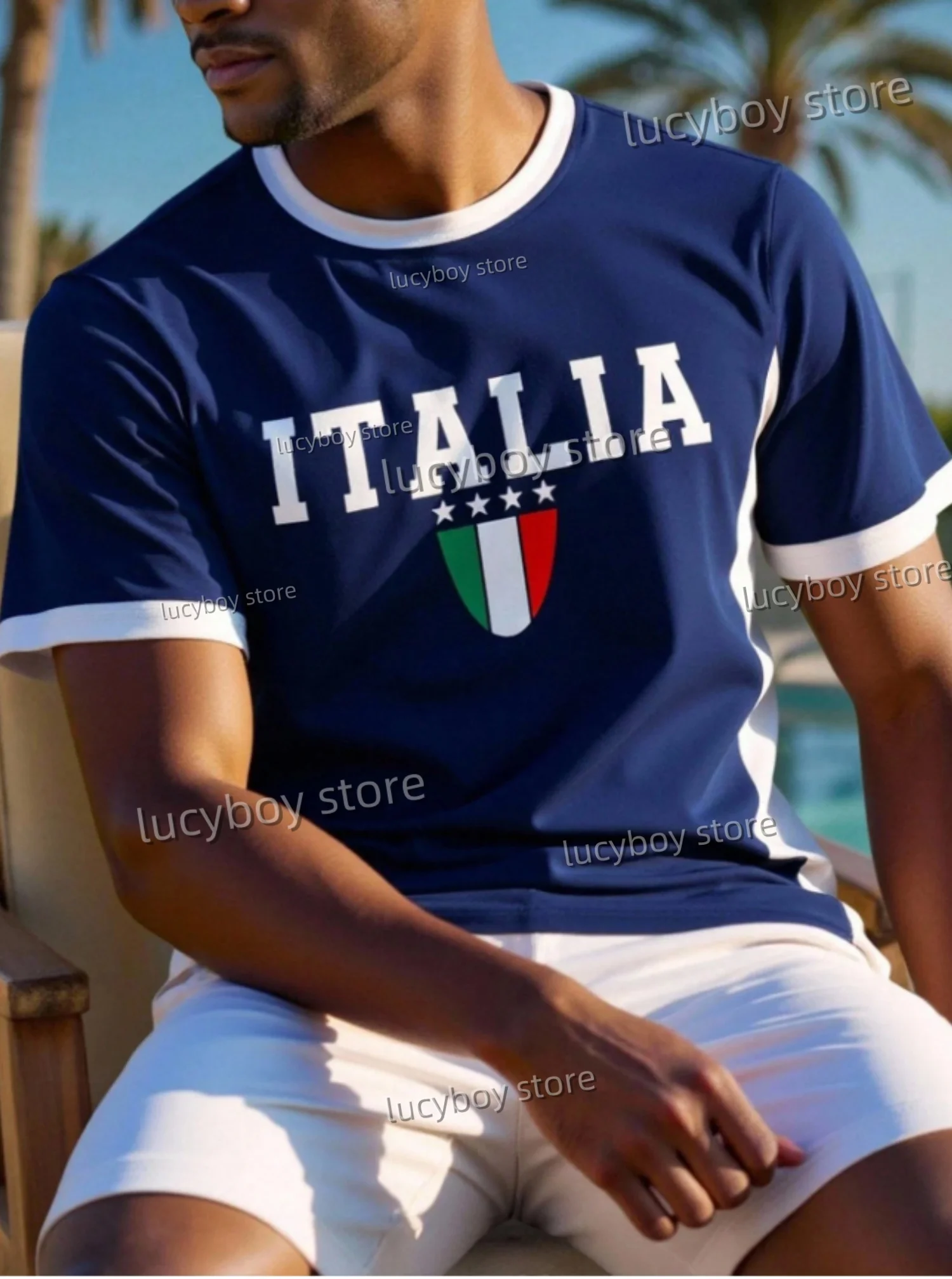 

2025 Summer Men Sports Daily Men's T-Shirt Stripe ITALIA Stripe Print 3 Colors Short-Sleeved Top Daily Street Men T-Shirt