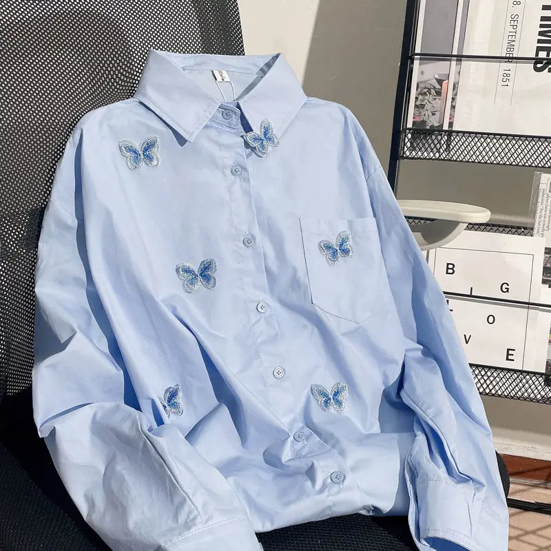 2023 Spring Blue Butterfly Decal Single Breasted Loose Shirt Women\'s Turn-Down Collar Embroidery Long Sleeve Blouse Female