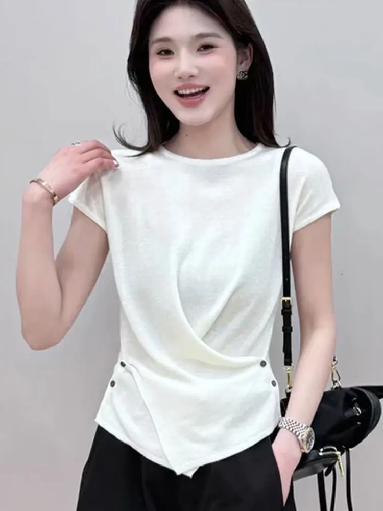 

Ele Ice Silk Knitted Top ort Sve Overhead Design Summer Faion Women's Clothing Straight Cut Korean Sle T-irt