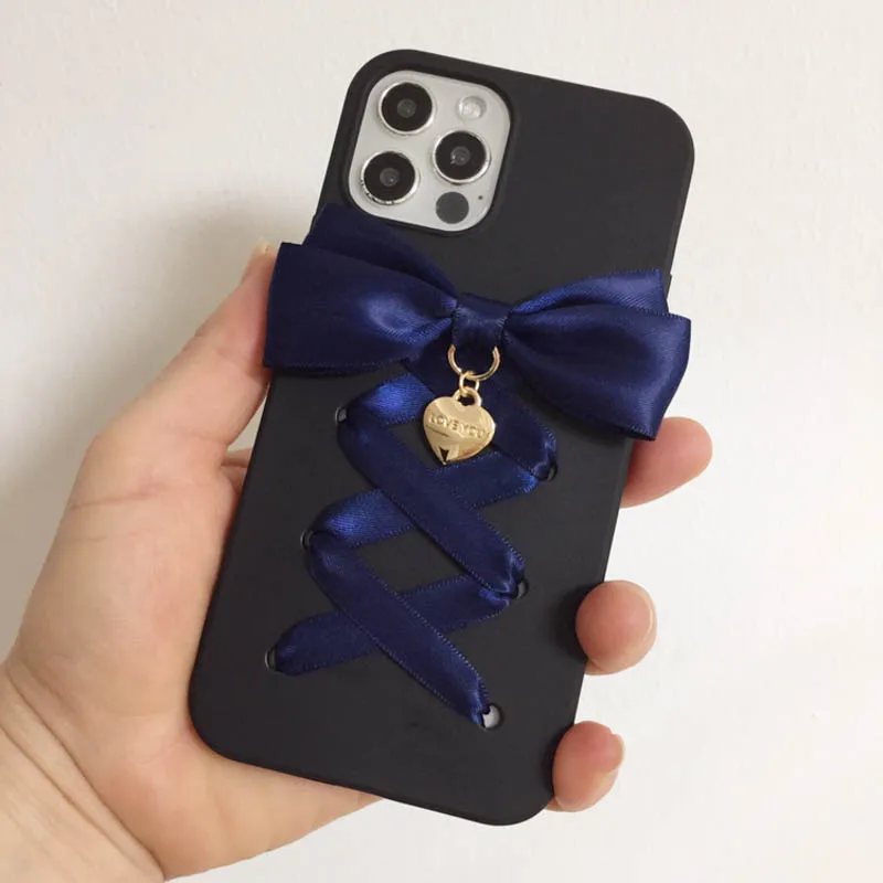 Harajuku Y2k لوليتا فتاة ثلاثية الأبعاد الشريط Bowknot جراب هاتف آيفون 16 15 برو ماكس X XS XR غالاكسي أسود لامع غطاء ناعم #4