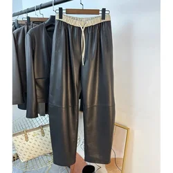 Pants For Women Genuine Leather Classic Female Straight Pipeline Suit Taller Trousers Long Legs Casual Streetwear Elastic Waist
