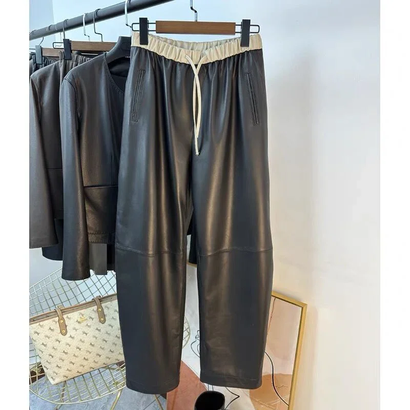 Spodnie damskie prawdziwej skóry klasyczny damski prosty garnitur rurociągowy wyższe spodnie długie nogawki casualowe w stylu Streetwear w pasie