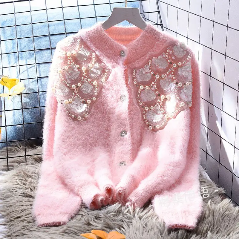 Women Imitation Mink Fleece Pearls Beaded Sweater Coat Loose Autumn Winter Shell Sequined Embroidery Knitted Cardigan Knitwear