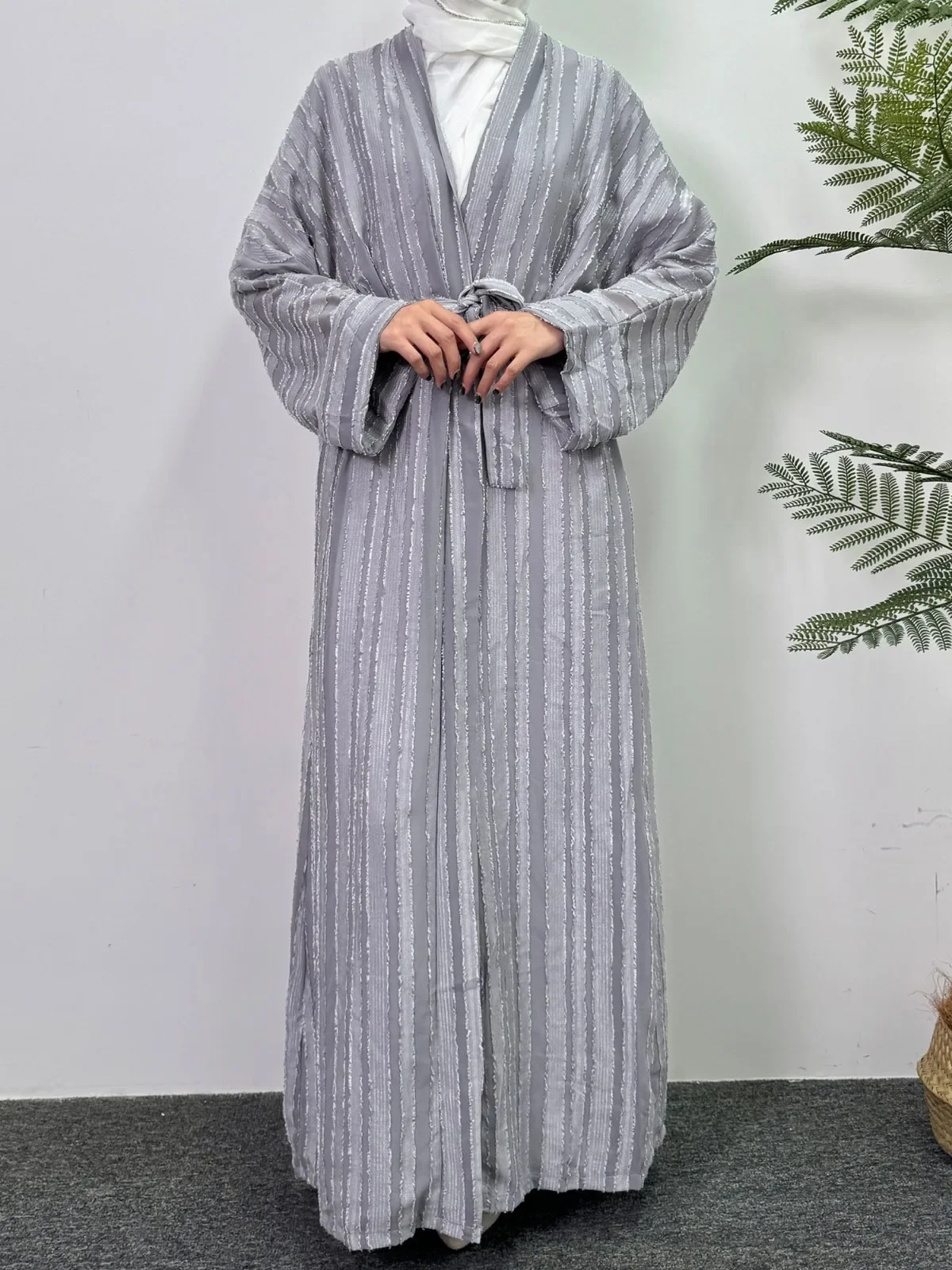 Muslim Open Front Abayas Long Sleeve Maxi Length Lace-up Ramadan Dresses Women Kaftan Jilbabs Outwear Cardigan Coats