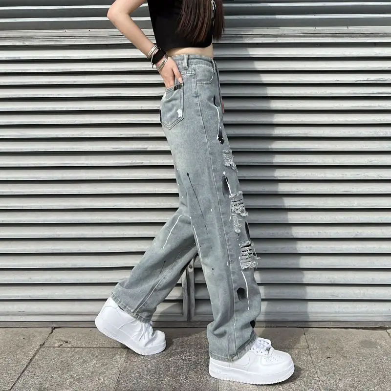 Splashing Ink Ripped Denim Pants with High Street Vibe and Trendy Design High Waist Slimming Loose Straight Leg Wide Leg Pants