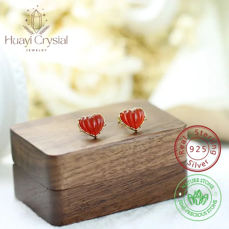 

Retro natural stone earrings Japanese and Korean simplicity personality love heart earrings 925 silver light color red agate ear