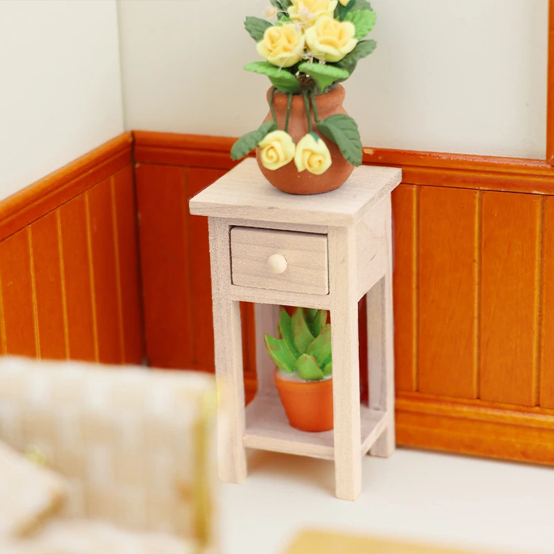 1/12 Dollhouse Miniature Stool Side Table Nightstand With Drawer Model Furniture Doll House Accessories