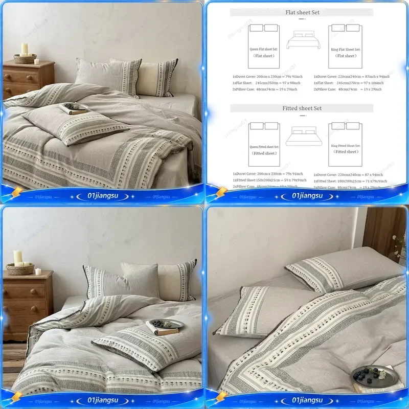 Modern Minimalist 100 Cotton Double Layer Yarn Bedding Set Duvet Cover Fitted Sheet Pillowcase Home Textile Soft Breathable