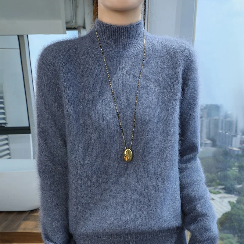 

Winter Warm 100% mink Cashmere Sweater Women's Clothing Semi High Neck Pullover Casual Fashion Loose Knit Base Shirt Korean Tops
