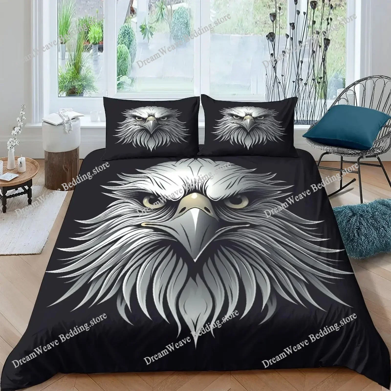 3D Eagle Duvet Cover, Dirt Bike Bedding Set for Kids Teens Adult Room Decor, Motocross Animals Black Printed Comforter Covers519