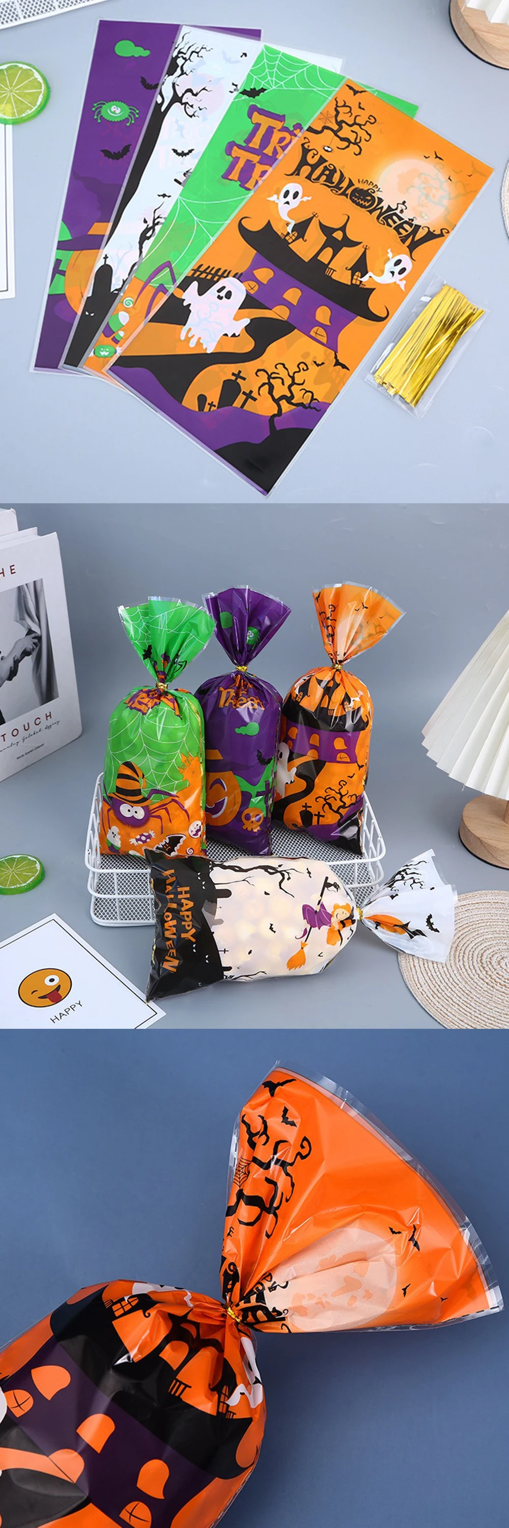 20-100PCS Süßigkeiten Taschen Gemischt Halloween Themen Stil Bunte Kürbis Geister Fledermaus Halloween Party Geschenk Paket Tasche Festival favor ZYF – Detail 2