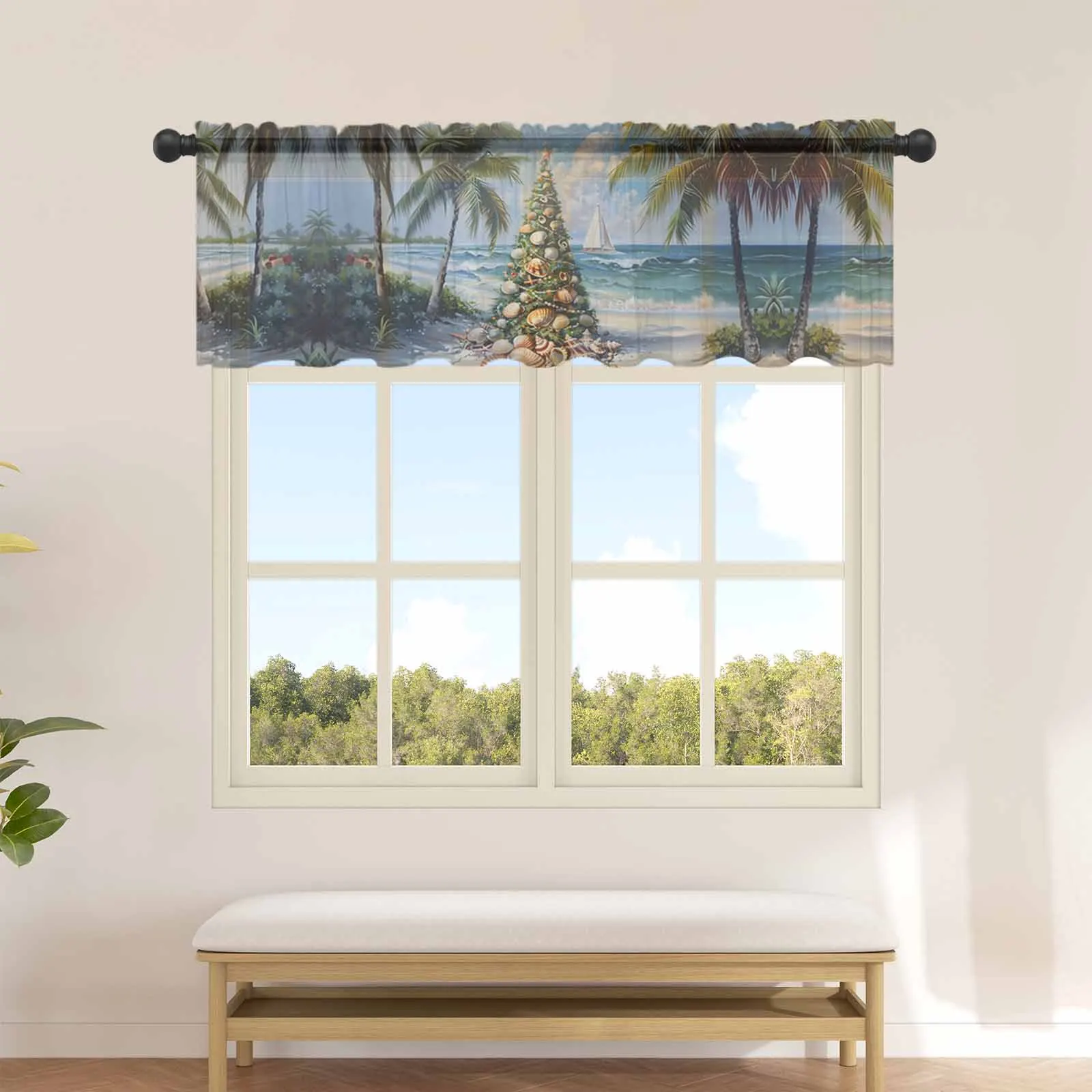 Christmas Beach Christmas Tree Shell Sailing Palm Tree Kitchen Small Window Curtain Tulle Sheer Curtain Living Room Voile Drapes