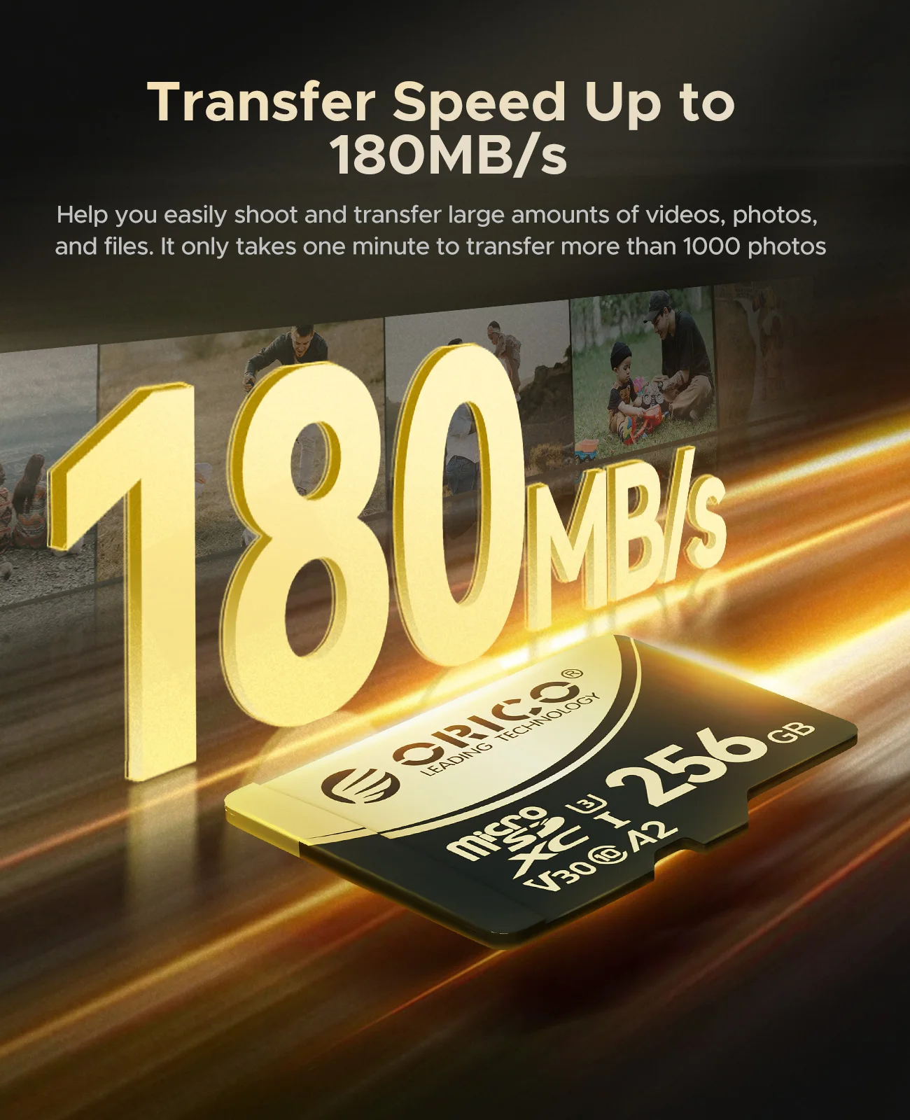ORICO V3 256 GB microSDXC UHS-I-Speicherkarte, 180 MB/s, 160 MB/s lesen, 4K-UHD-Recodierung, U3, Class10, V30, A2, Micro SD für Drohne – Detail 6