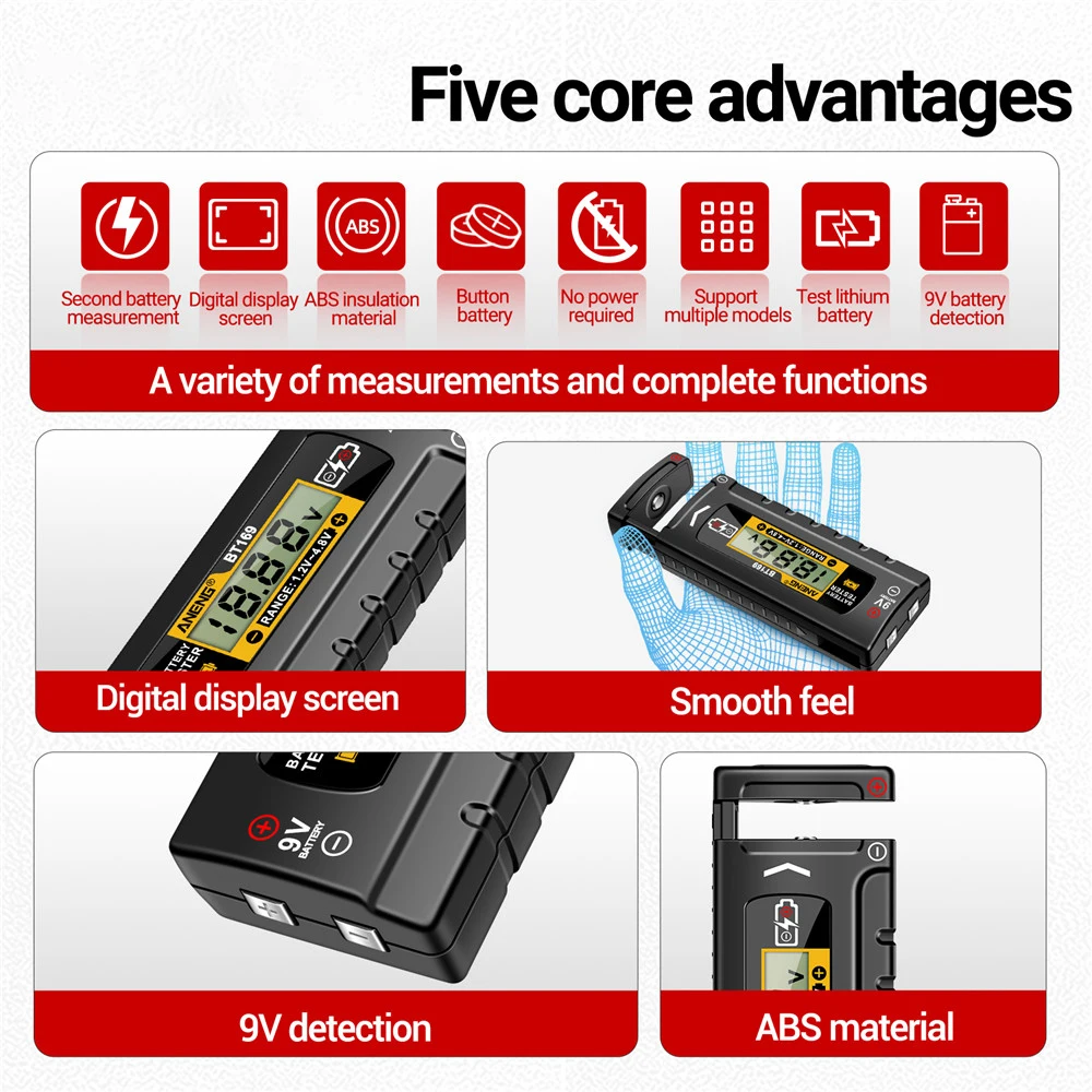 BT169 Lithium Battery Tester Power Bank Detectors 9V D C AA AAA Button Cell Universal Household LCD Display Battery Tester Tools