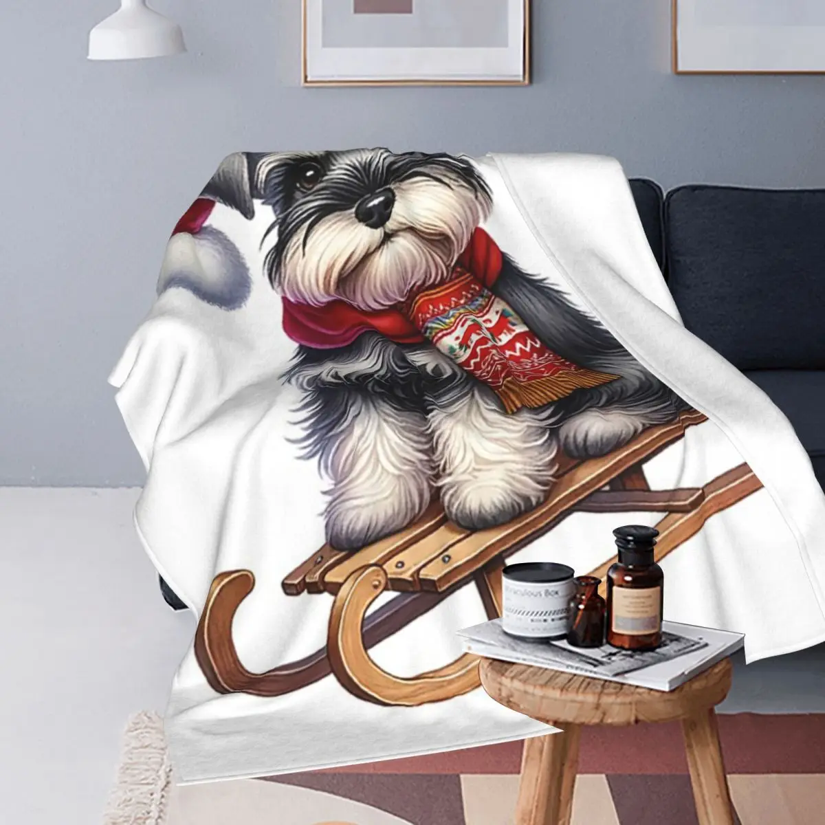 Miniature Schnauzer Dog On A Sled Blanket Flannel Throw Blanket Multi-function Throw Blankets for Home Bedroom Throws Bedspread