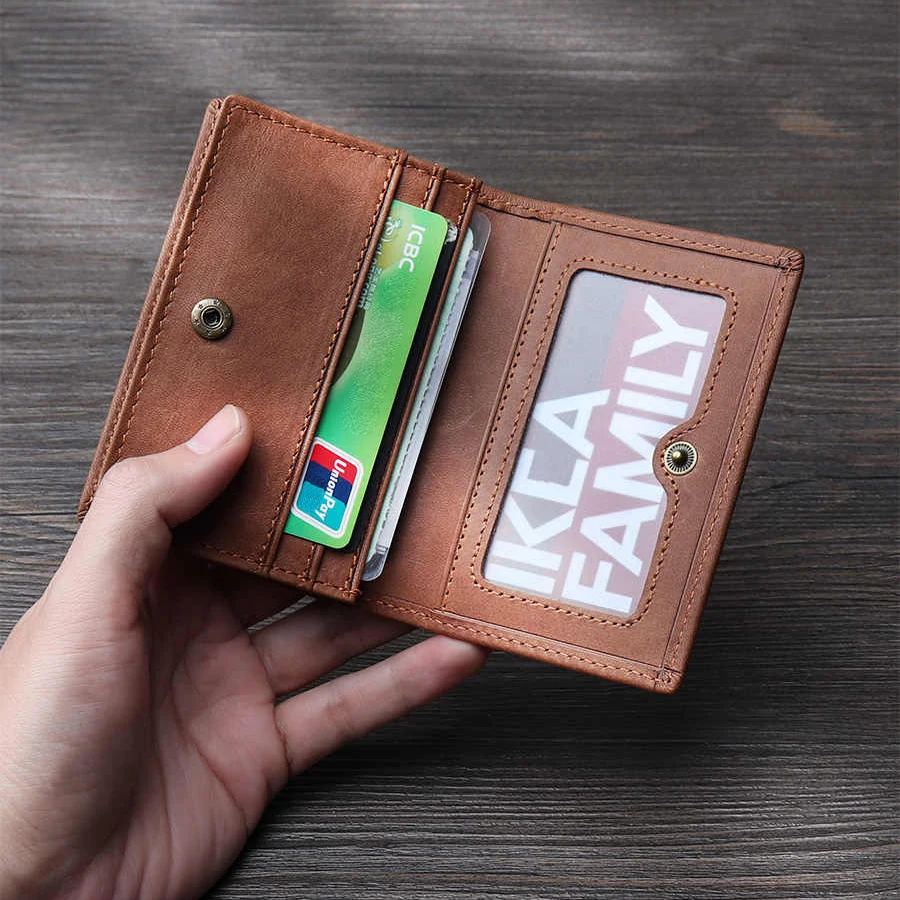 Men Genuine Crazy Horse Leather Short Wallet Multi Card Holder ID Window Snap Button Small Coin Purse Mini Leather Card Wallet