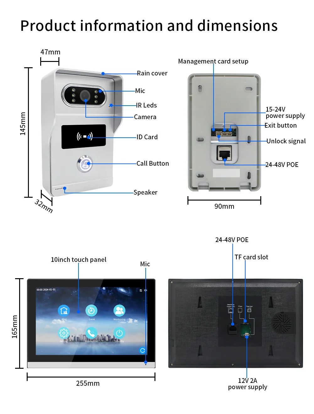 ANJIELO 1080P Tuya 10-Inch IP Video Intercom System Touch Screen Wifi POE Wired Doorbell for Villa Flat RFID Access Control