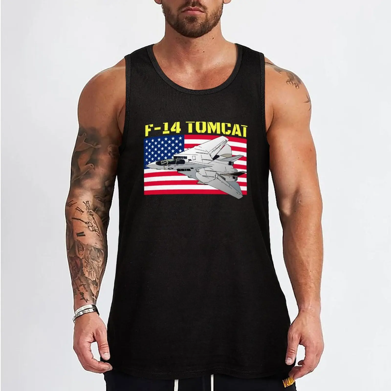 U.S Naval F-14 Tomcat and the American flag. Fun pilot and aircraft t-shirts, perfect for aviation buffs and flying air Tank Top