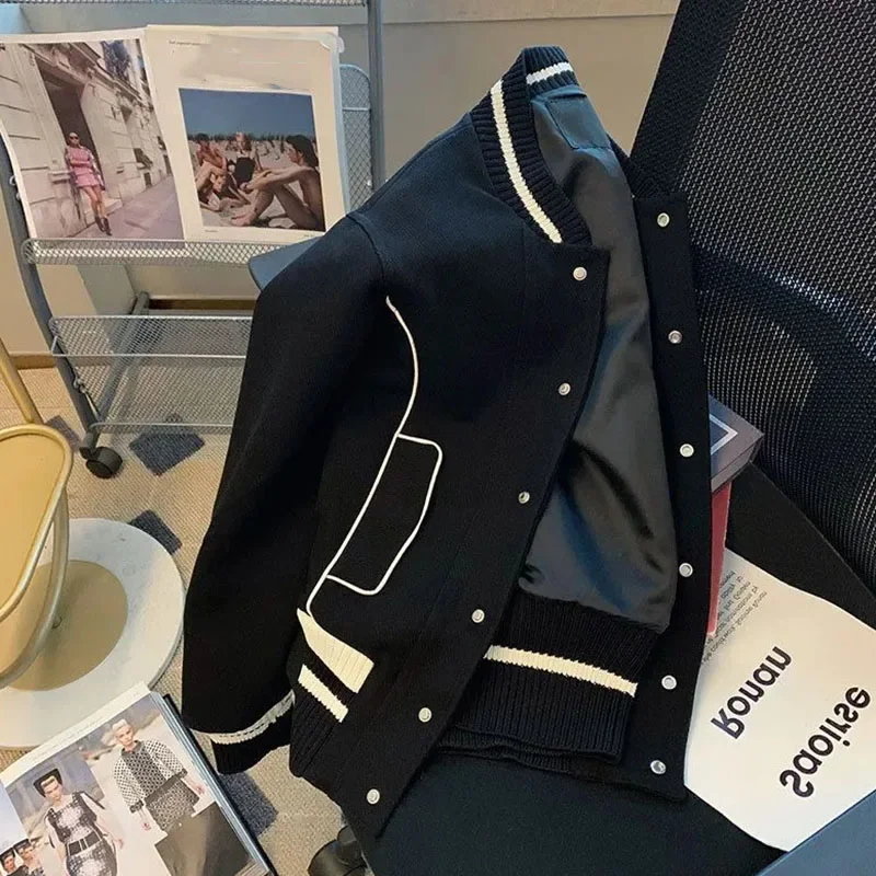 

Panelled Baseball Jackets Female Vintage Style Loose Outwears Women's Jacket Coat Long Sleeve Stand Collar Coat Autumn E9518