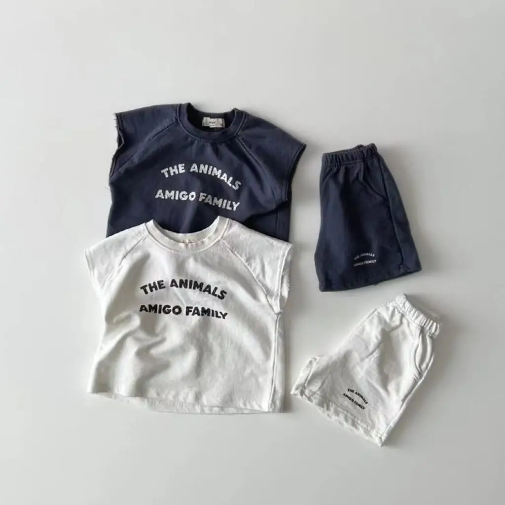 

2025 Summer New Baby Sleeveless Clothes Set Boys Letter T Shirts + Shorts 2pcs Suit Thin Infant Girl Simple Versatile Casual Set