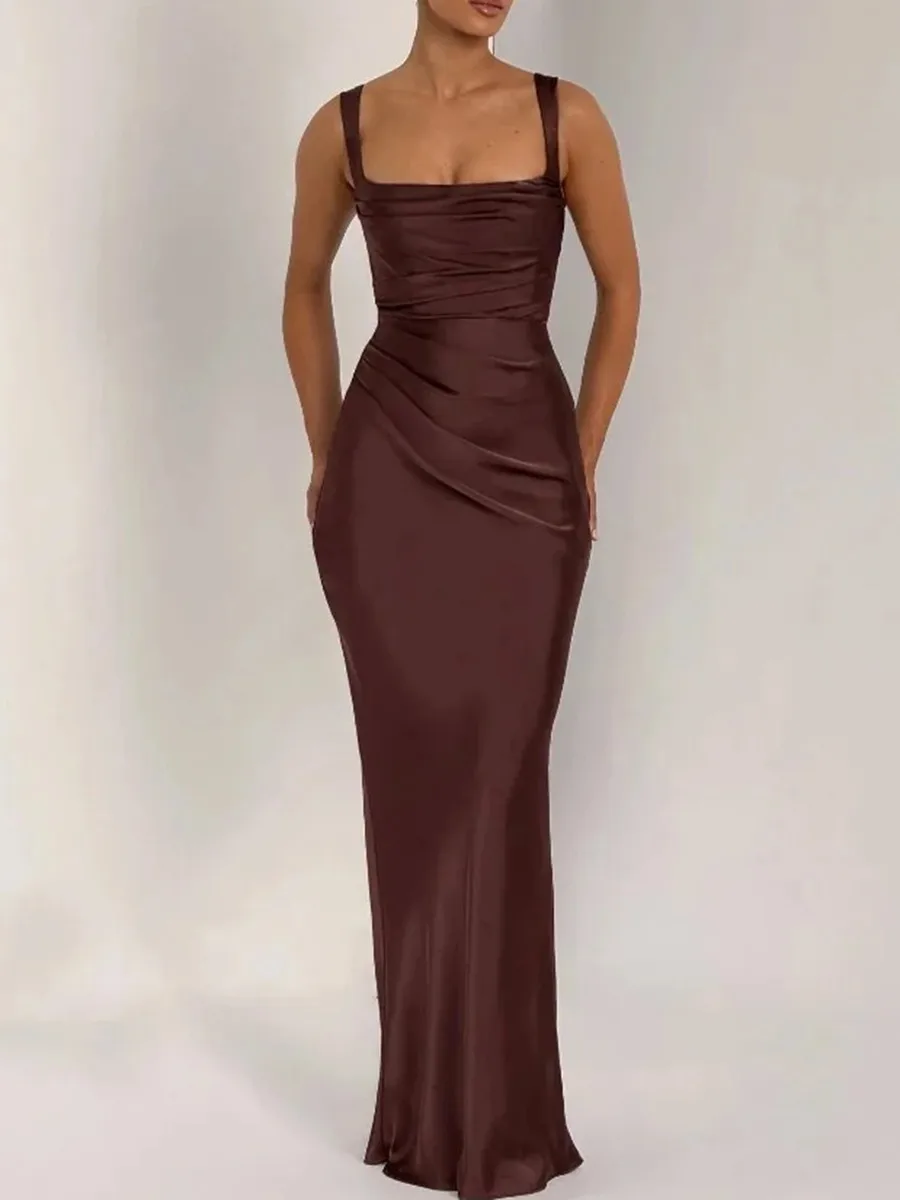 فساتين سهرة طويلة مثيرة من الساتان من TWOTWINSTYLE للنساء بياقة مربعة بدون أكمام بخصر عالٍ فستان ضيق للتخسيس للسيدات #2