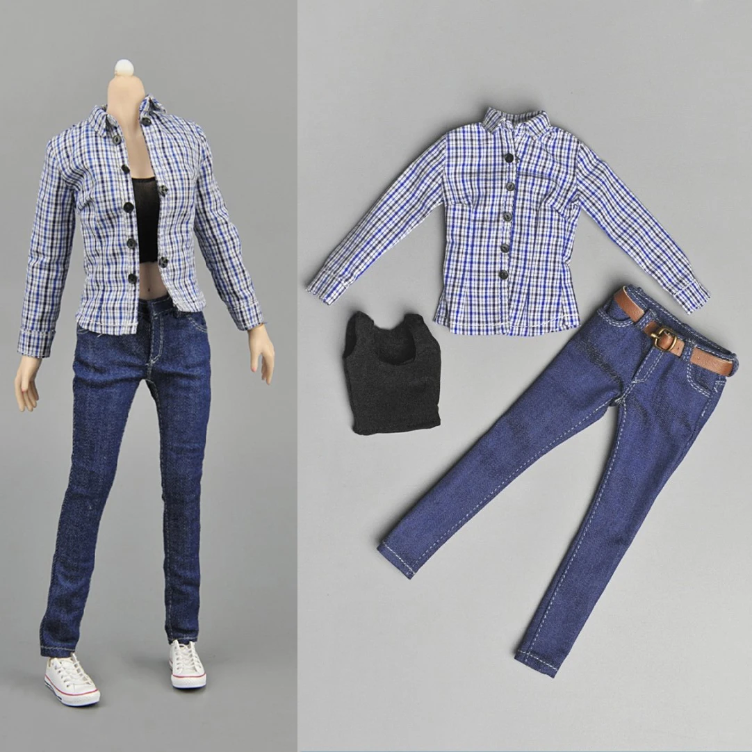 

ZYTOYS ZY5012 1/6 Female Blue Plaid Shirt Jeans Set Soldier Clothes Model Fit 12'' Action Figure Body Dolls Hobby Collection