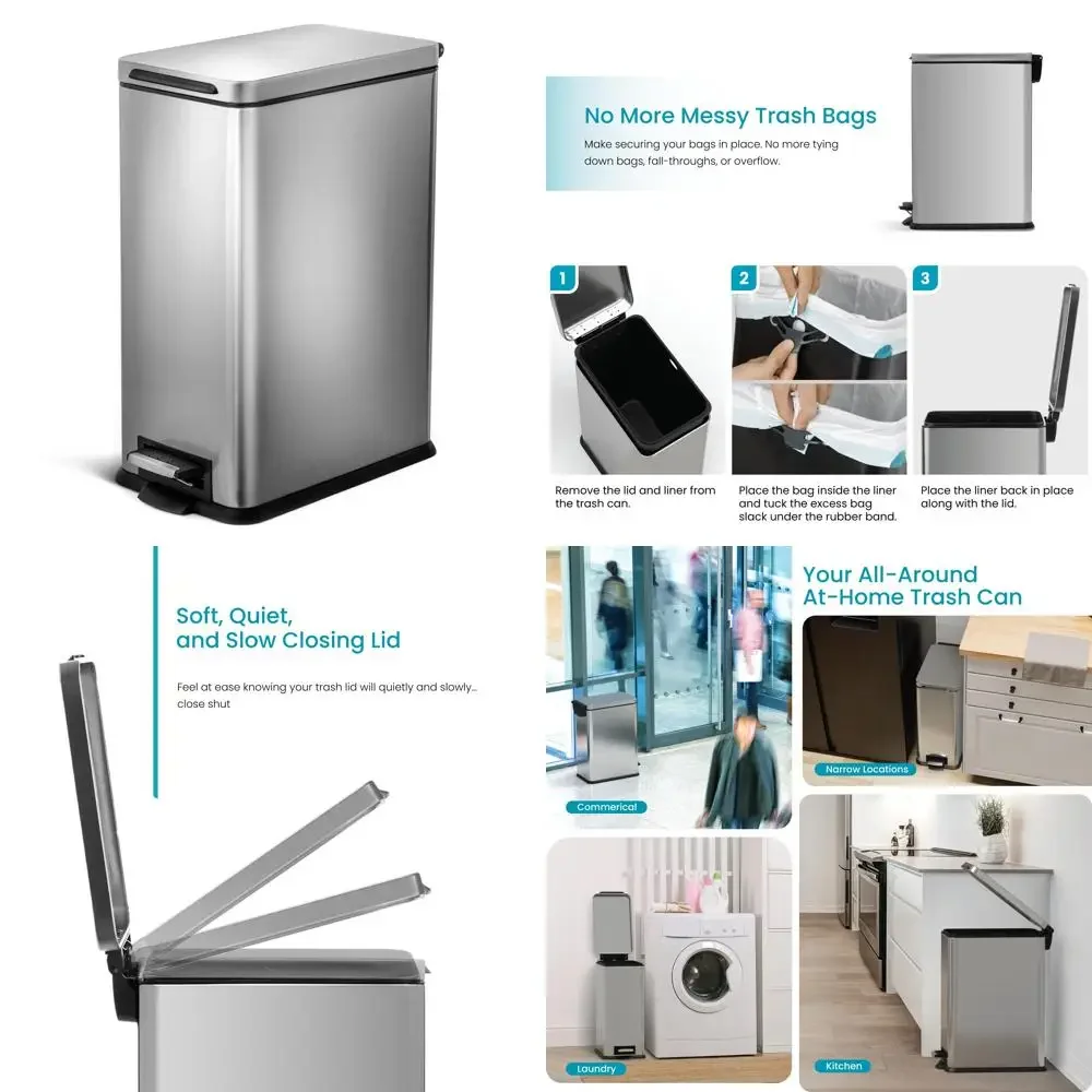 

Stainless Steel 8 Gallon Slim Trash Can with Step Pedal, Soft Close Lid, Bag Tuck Band, and Removable Liner for Kitchen Use