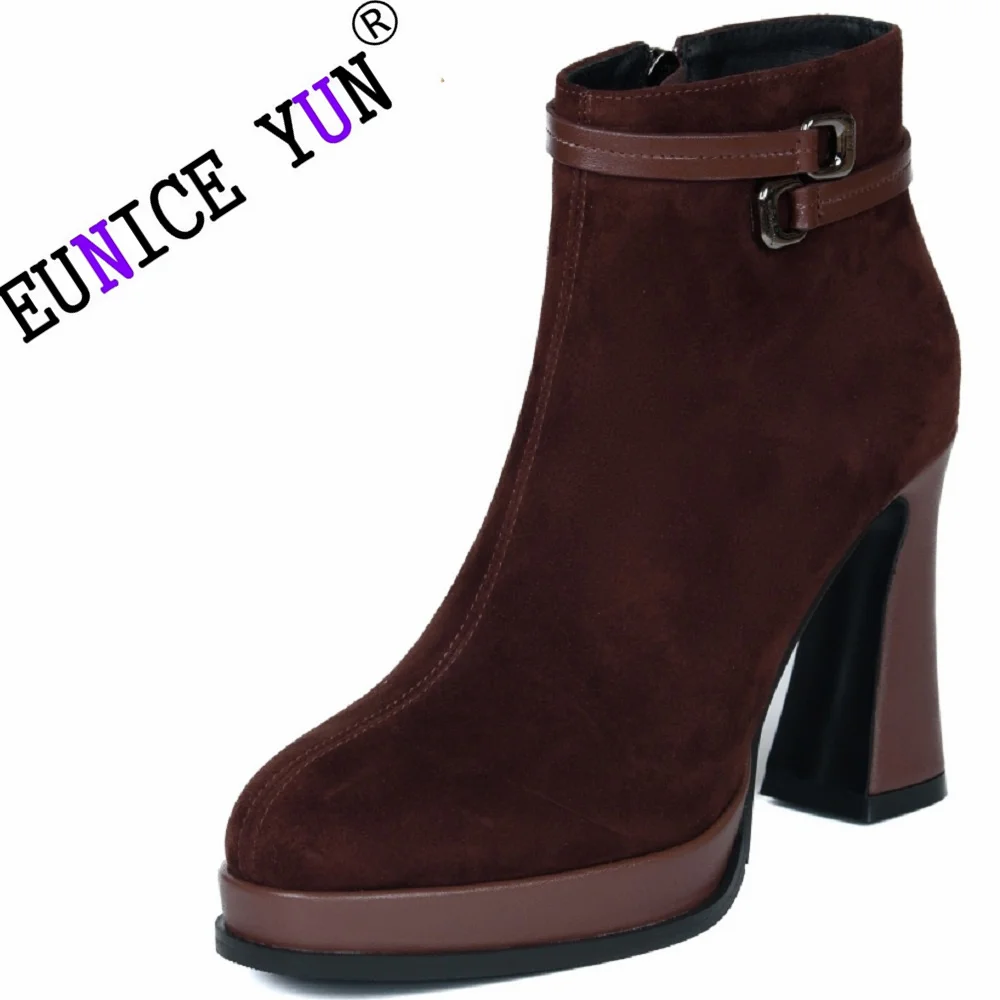 

【EUNICE YUN】New Brand Genuine Leather Autumn Winter Shoes Woman Ankle Boots High Heels Platform Black Brown Retro Dress Party