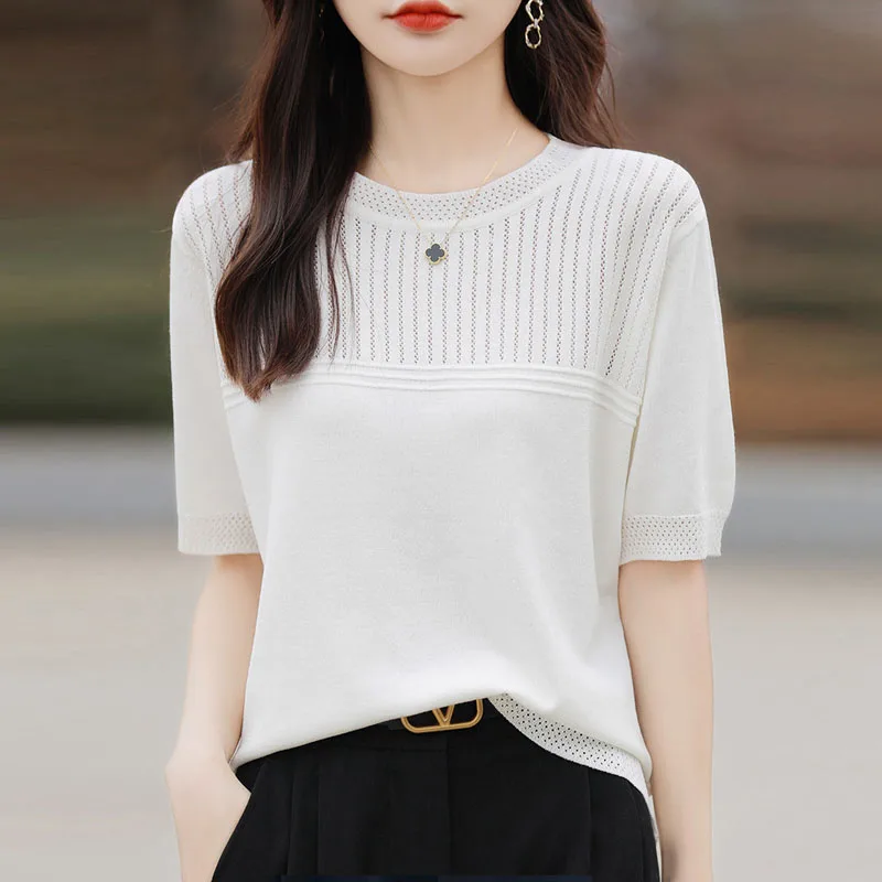 

Вязаные свитера, женские пуловеры, повседневные вязаные свитера с коротким рукавом, женские топы, белые пуловеры с круглым вырезом, женская одежда Q3368