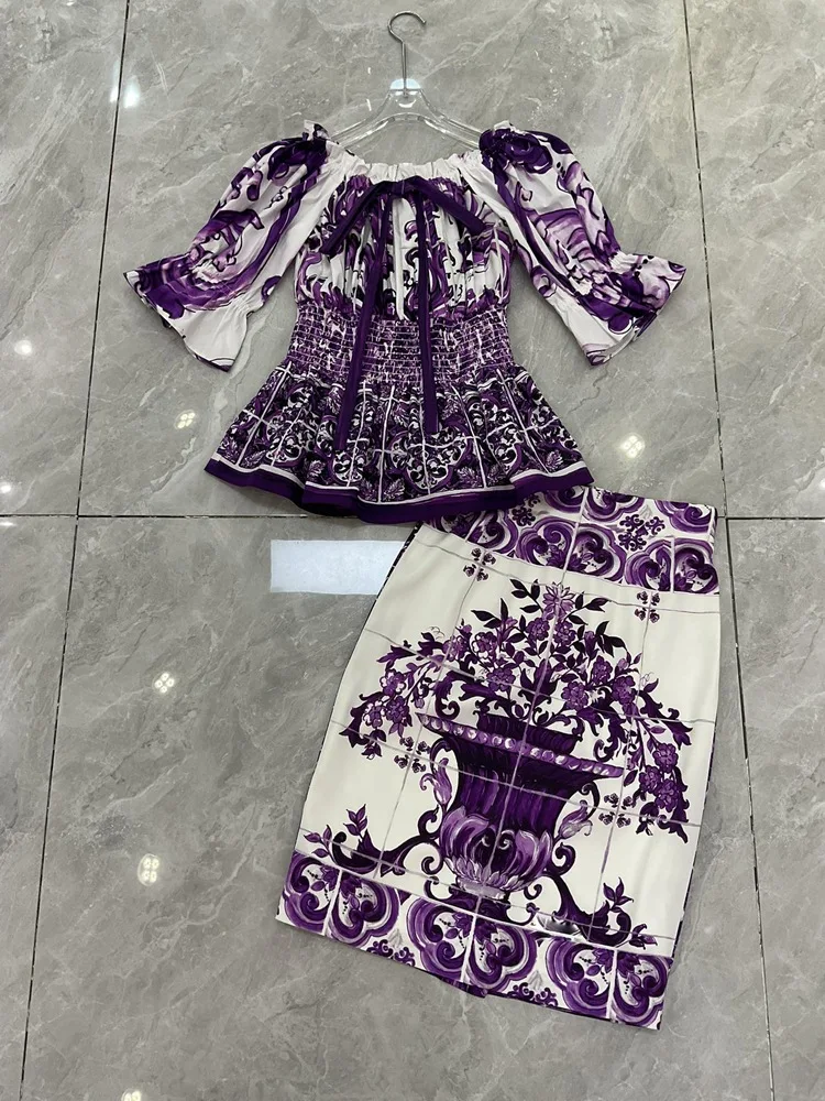 デザイナー ボヘミアン オフショルダー トップ レディース – 綿 100% パープル ポーセリン プリント ブラウス |   2025年夏のビーチホリデー衣装