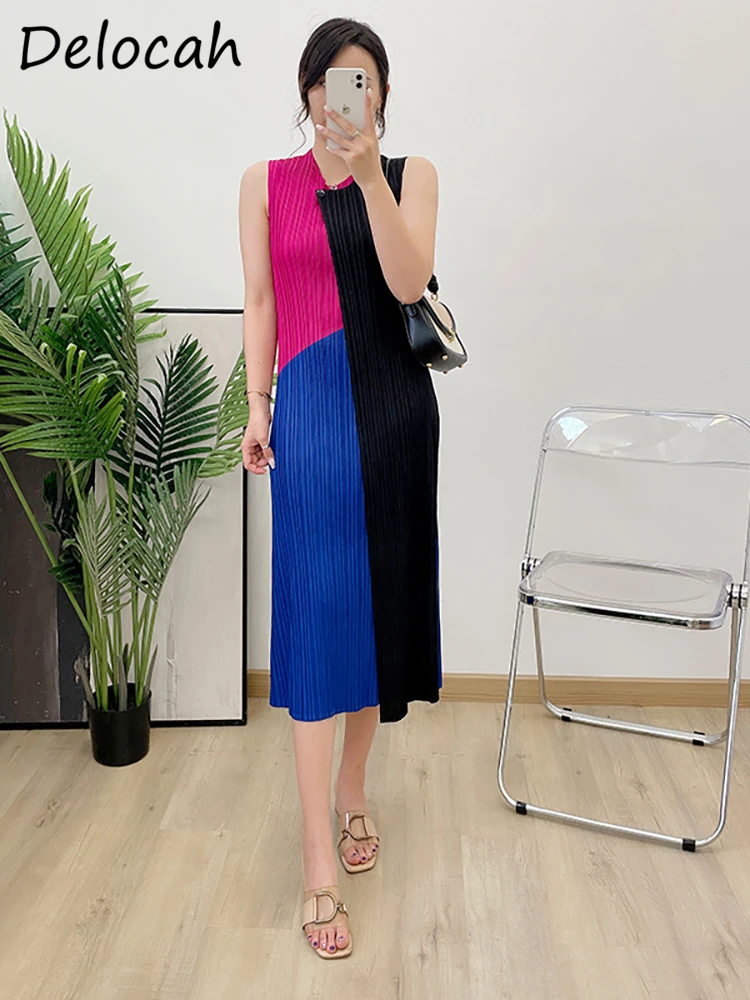 

Delocah High Quality Autumn Women Fashion Runway Party Pleated Midi Dress Colorblock Print Draped Loose Sleeveless Tank Dresses