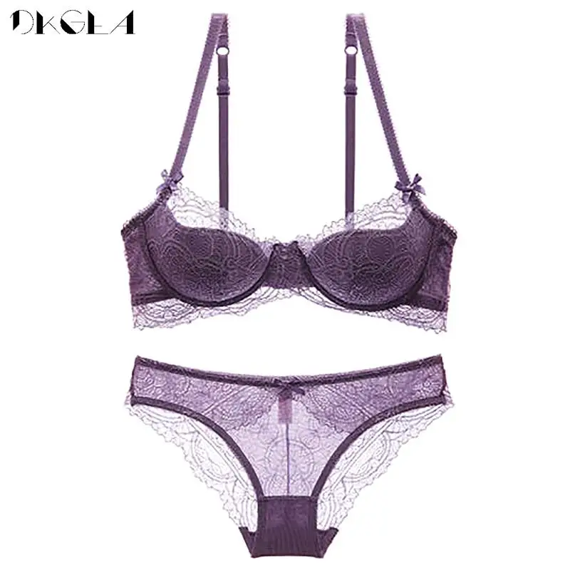 New Thin Cotton Brassiere Purple Plus Size Bra Set D E Cup Sexy Underwear Set Women Bras Push Up Lingerie Lace Embroidery Female