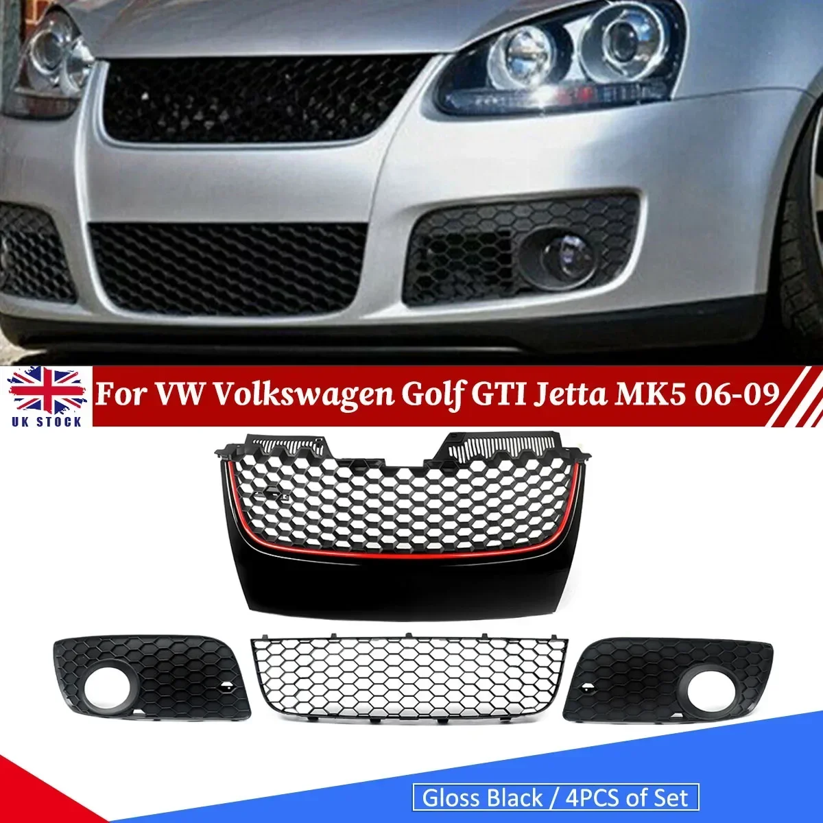 

For VW MK5 Jetta/GLI/GTI 2006 2007 2008 2009 Front Honeycomb Grille Set Black w/ Red Trim car kits