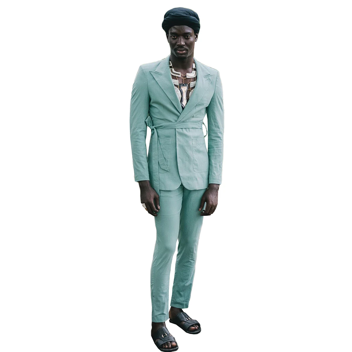 بدلة رجالية خضراء 2 قطعة سروال بليزر مع حزام بلغت ذروتها طية صدر السترة الأعمال الرسمية سليم صالح الزفاف العريس زي أوم مخصصة #4