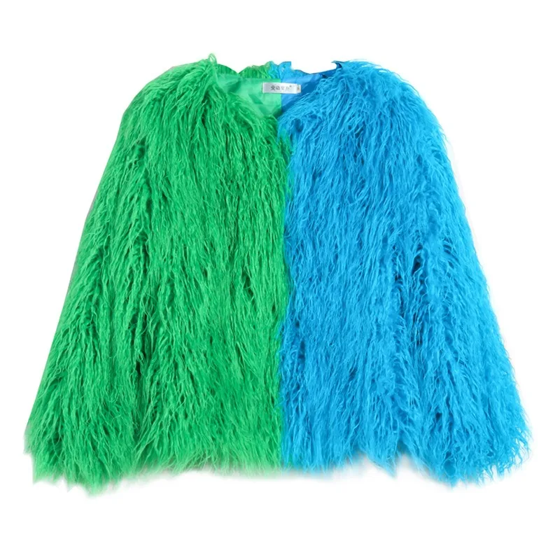 Women's Clothing Patchwork Contrast Colours Faux Wool Faux Fur Coats Tann Sheep Wool Short Style Coats Lambswool Unique Style