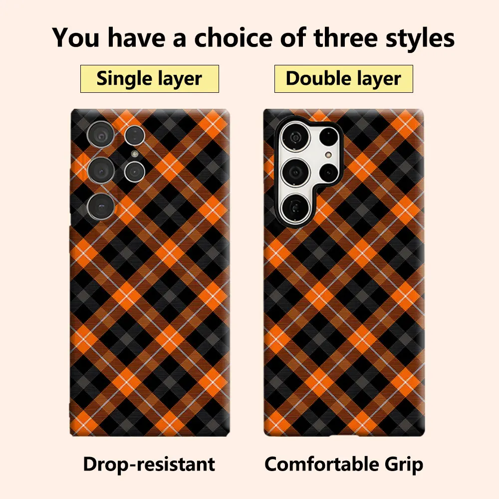 Halloween Orange Plaid Luxury Fashion Full Lens Protective Case for Samsung Galaxy S26 S25 S24 A56 A36 Plus Ultra