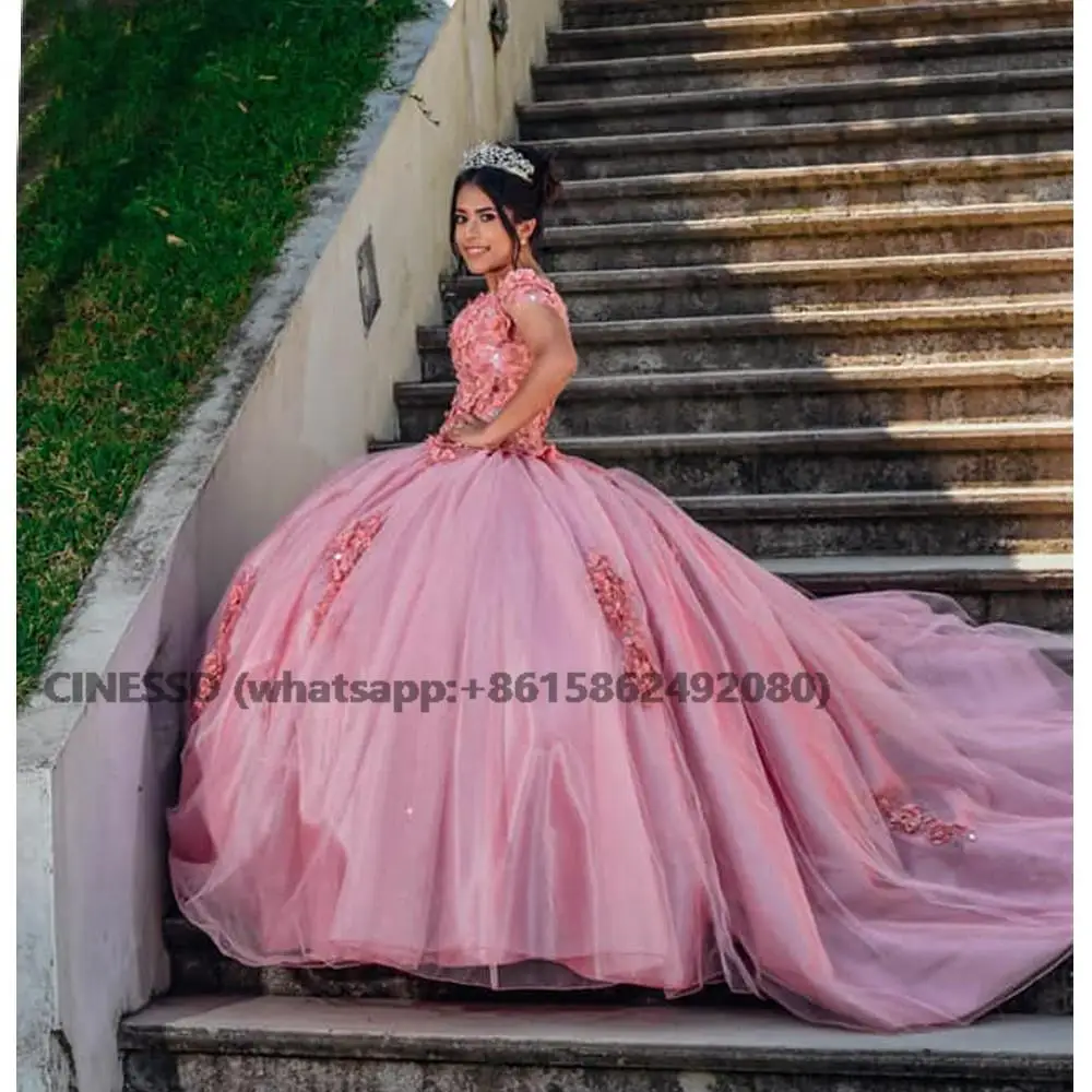 Vestido de princesa rosa para quinceañera, traje de manga larga con hombros descubiertos, brillante, para fiesta de cumpleaños, 16, 2021