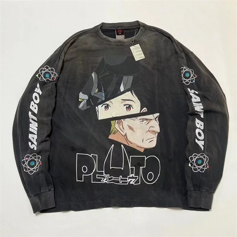 

25ss Manga Printing SAINT MICHAEL Hoodies 1:1 Top Quality Oversized Washed Black Men Clothing